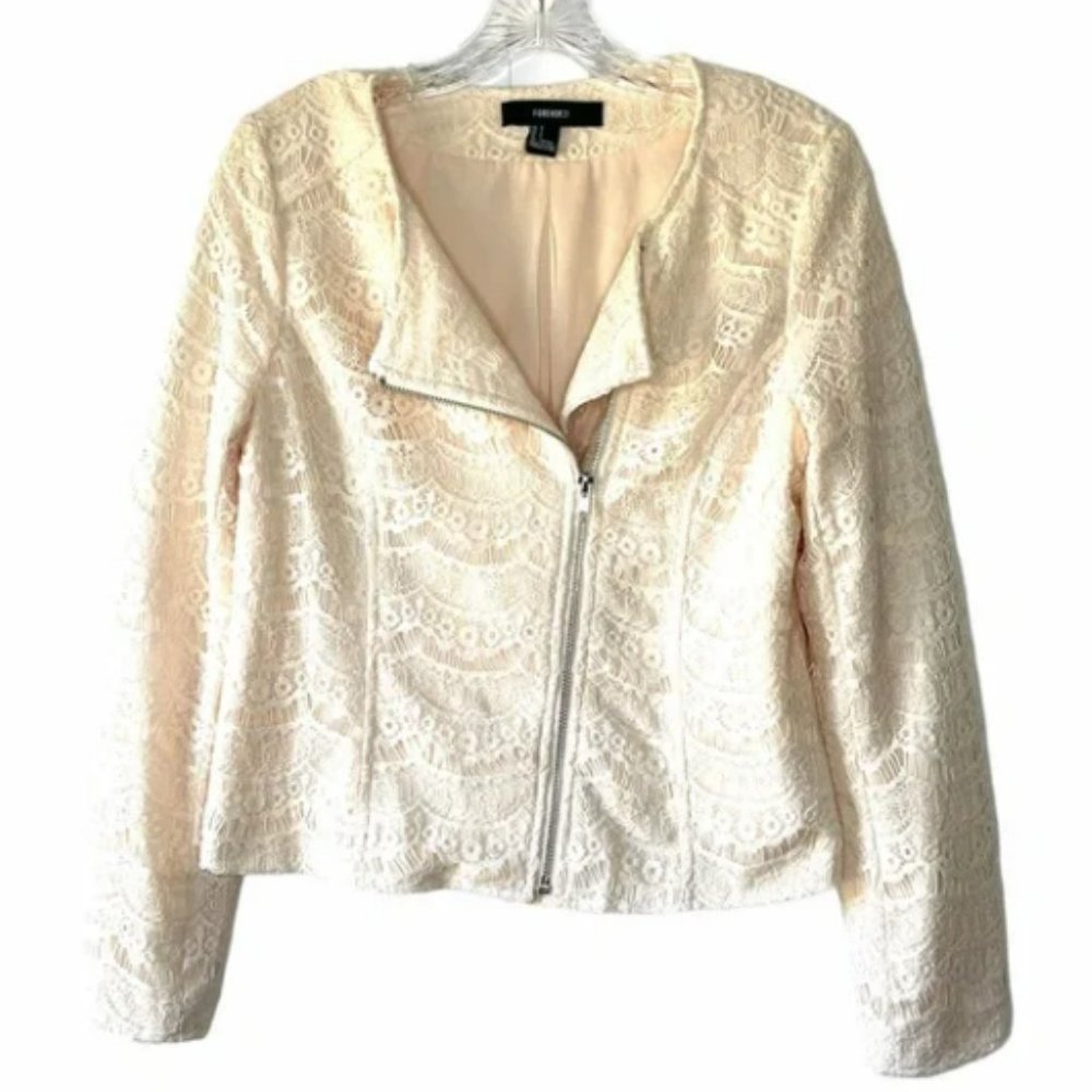 Forever 21 Cream Ivory White Creme Lace Moto-Style zip Jacket